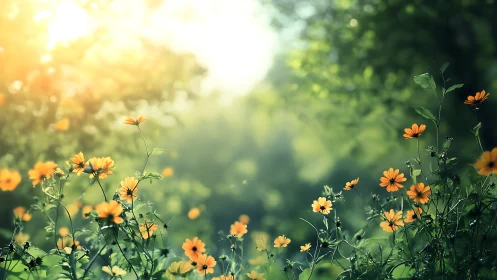 Golden Wildflowers Glowing in Sunlit Meadow.
