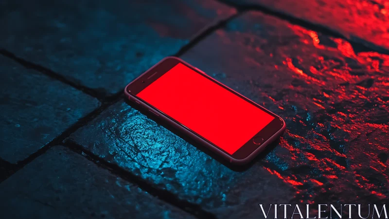 Glowing red smartphone against neon blue surface.