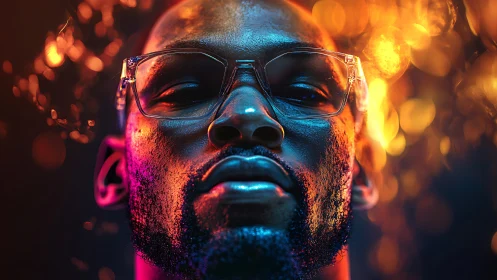 High-contrast neon portrait with reflective glasses and bokeh fire