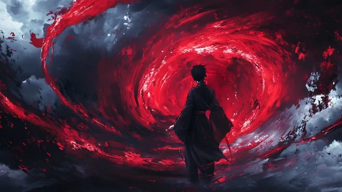 Lone warrior confronts vast swirling red vortex of chaos.