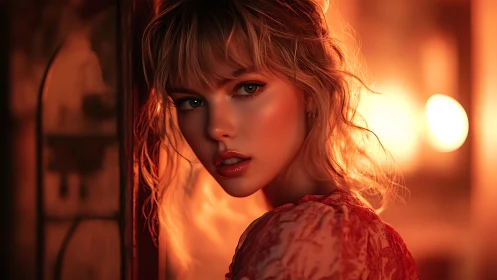 Cinematic portrait in warm orange bokeh light glow.