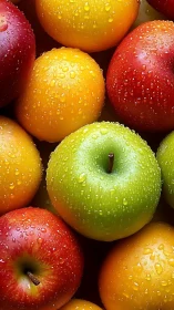 Macro optical study of dew covered multicolor apples cluster.