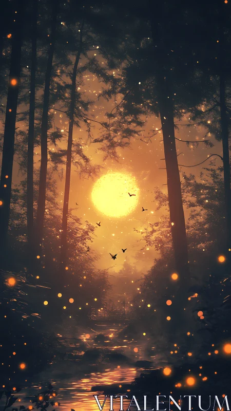 Forest stream under large sun with scattered glowing particles.