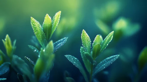 Morning dew crowns tender leaves in a luminous teal hush