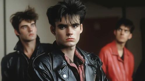 Moody young man in leather jacket with blurred friends behind.