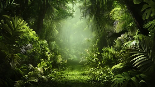 Luminous Jungle Pathway Through Dense Tropical Canopy.