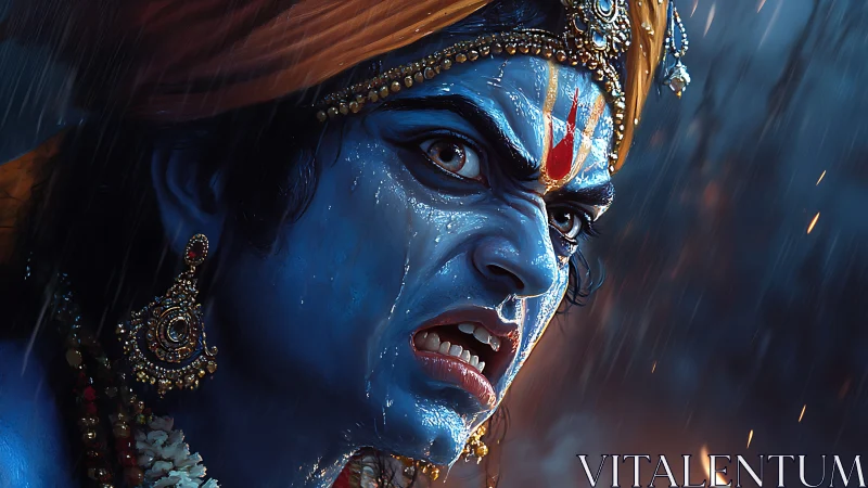 Blue-skinned warrior figure in rain with intense expression.