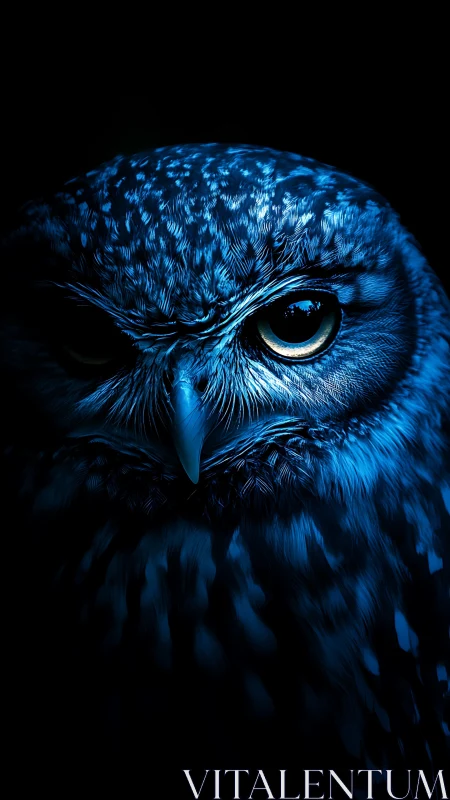 Midnight cobalt owl studies the dark with molten patience