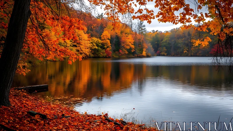 Autumnal riparian canopy with specular foliage reflections on lake.