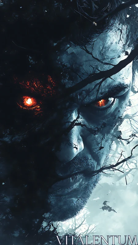 Forest-cursed watcher with ember eyes in fractured dusk.