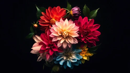 Vibrant Dahlia Cluster on Dark Background