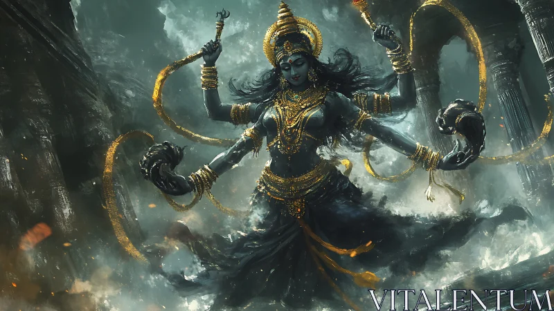 Multi-armed storm deity amid collapsing stone temple ruins.