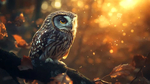 Majestic Owl Perched on Autumn Branch in Dreamy Golden Light.
