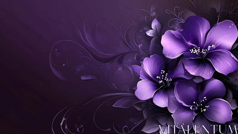 Purple Floral Composition with Ornamental Swirls.