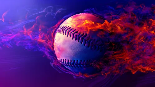 Baseball engulfed in vivid neon flames on dark backdrop.