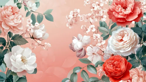 Floral Arrangement with Peonies and White Blooms Against Coral Pink Background