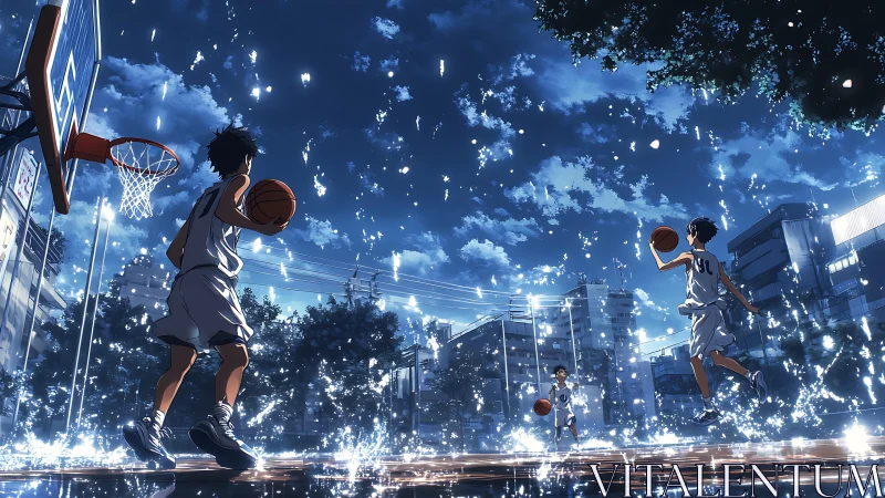 Street basketball boys under luminous blue night rain.