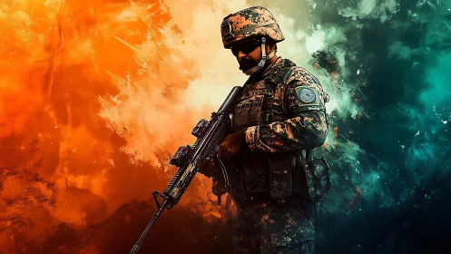 Soldier in combat gear against fiery abstract backdrop.