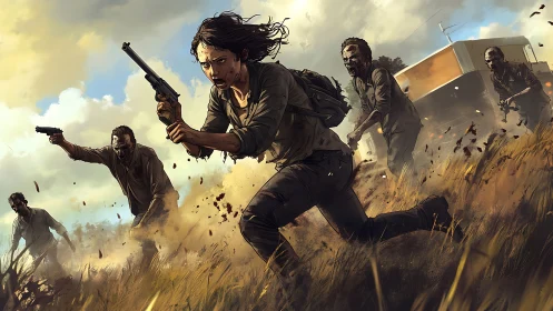 Survivor sprints through tall grass under zombie pursuit with pistols drawn