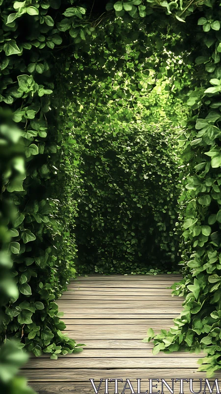Wooden pathway enclosed by dense green ivy and foliage