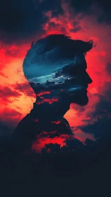 Silhouette portrait overlaid with dramatic red storm sky.