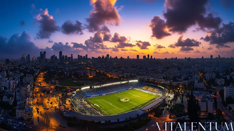 Sunset city stadium glows as football match ignites the skyline