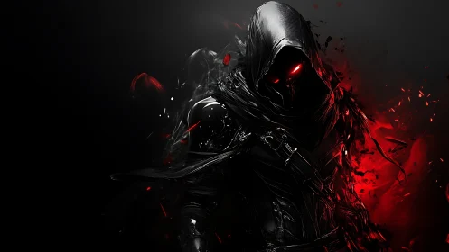Hooded cyber reaper in red-black abstract shroud composition.