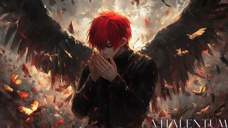 Digital painting of red-haired fallen angel in flaming dusk.