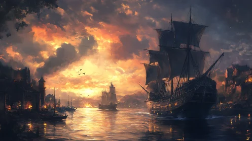 Sunset galleon departing a glowing medieval harbor.