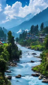 Mountain river valley with misty pines and hillside village.