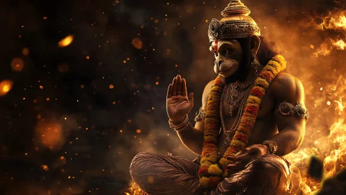 Firelit monkey deity sits serene while embers orbit slowly