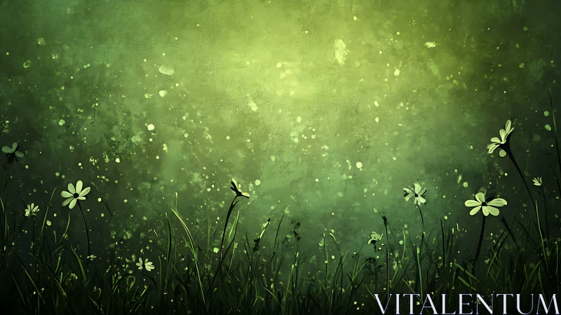 Backlit meadow silhouettes dissolve into luminous green haze