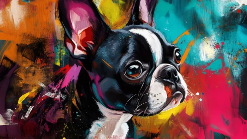 Expressive Boston terrier portrait with high-saturation abstract splashes