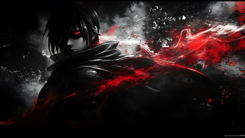Dark anime antihero stands amid swirling red energy storm