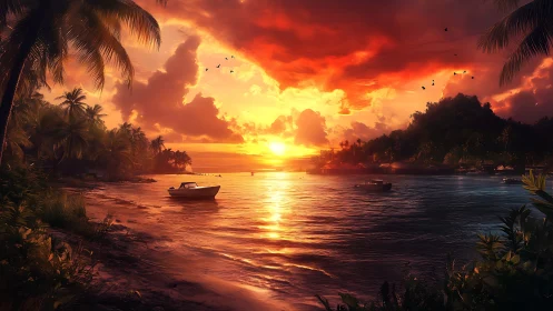 Sunset whispers over a quiet tropical cove of dreams.