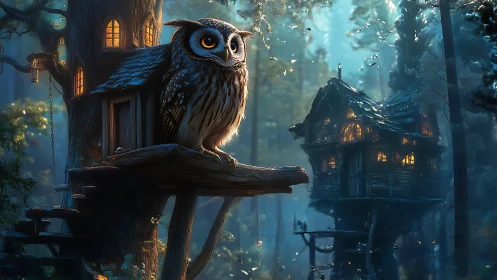 Gentle owl guardian watching over a cozy forest treehouse.