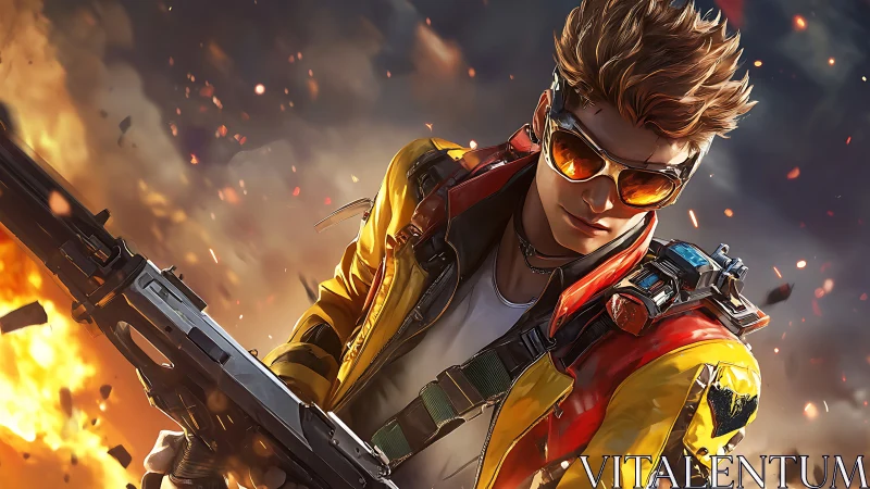 Futuristic gunner strides through burning battlefield confidently