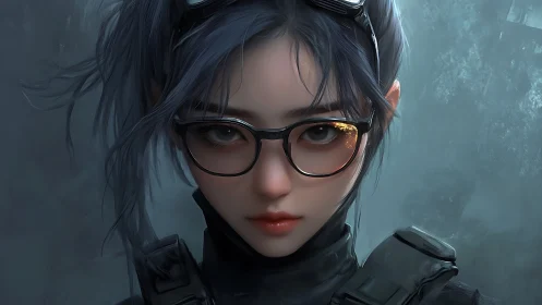 Tactical portrait of bespectacled operative in teal backlighting