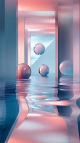Geometric corridor with reflective spheres above rippled water.