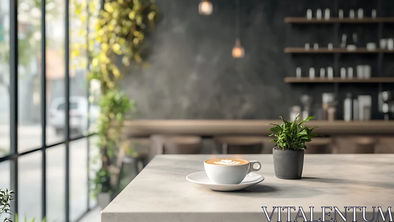 Latte art and potted foliage on minimalist concrete counter.