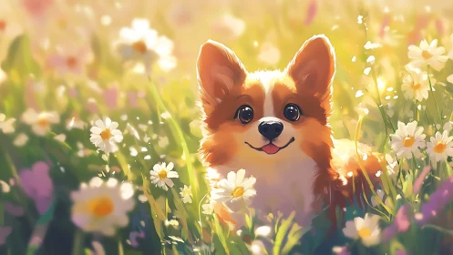Corgi with bright eyes resting in soft flower meadow.