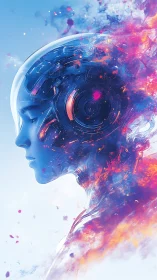 Serene cybernetic portrait quietly blending mind and starlit code