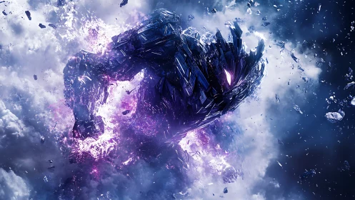 Cosmic shard colossus erupts from storm-lit nebula void.