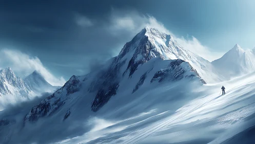 Solitary mountaineer ascending glaciated ridge under cirrus sky