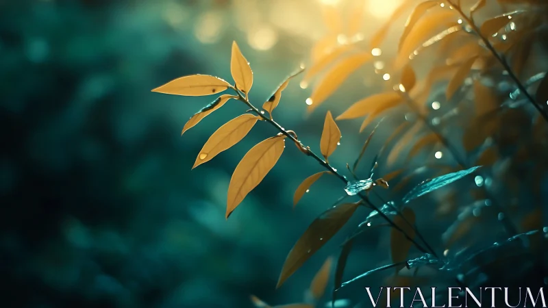 Golden leaves in shallow-focus teal forest glow.
