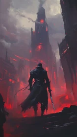 Dark tower ascent with lone swordsman in infernal palette.