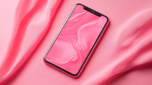 Smartphone with glossy pink fluid display on draped fabric surface