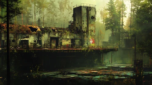 Decaying industrial facility within misty reclaimed forest.