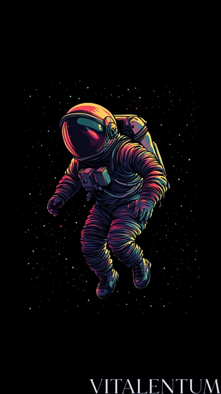 Neon-lit astronaut drifting through deep starfield void.