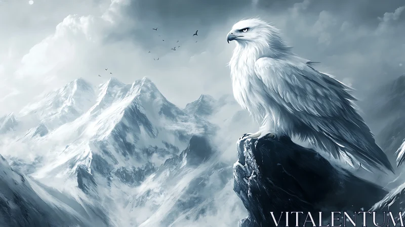 Majestic White Eagle on Rocky Peak in Snowy Mountain Fantasy Art.